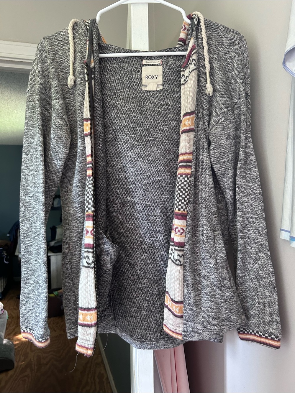 Roxy Gray Hooded Cardigan with Patterned Trim and Drawstrings